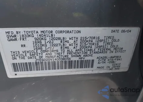 2004 Toyota Rav4 from USA, damaged, VIN JTEGD20V140038056